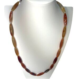 32" Hexagon Banded Agate Carnelian Necklace 105g Natural Chalcedony Silver Clasp